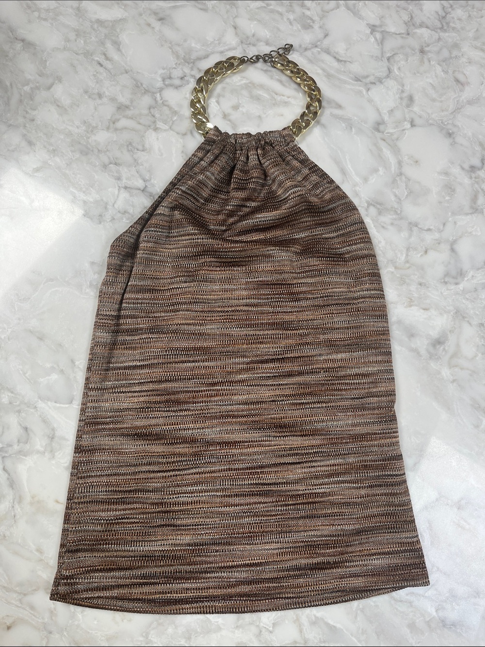 Cache Brown Knit Top with Gold Chain Strap